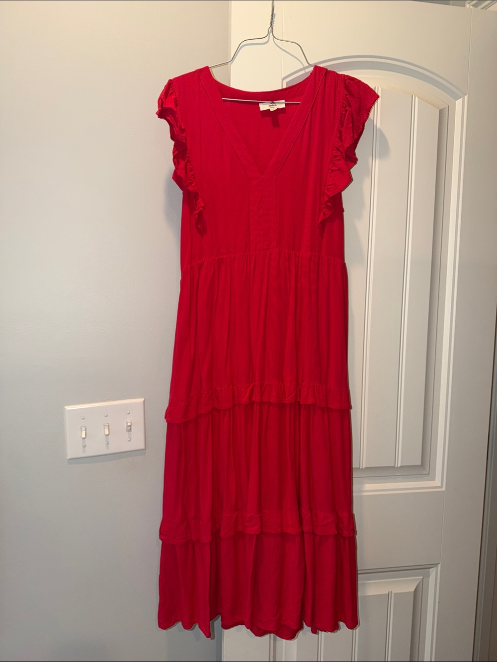 entro Bright Red V-Neck Ruffle Tiered Midi Dress